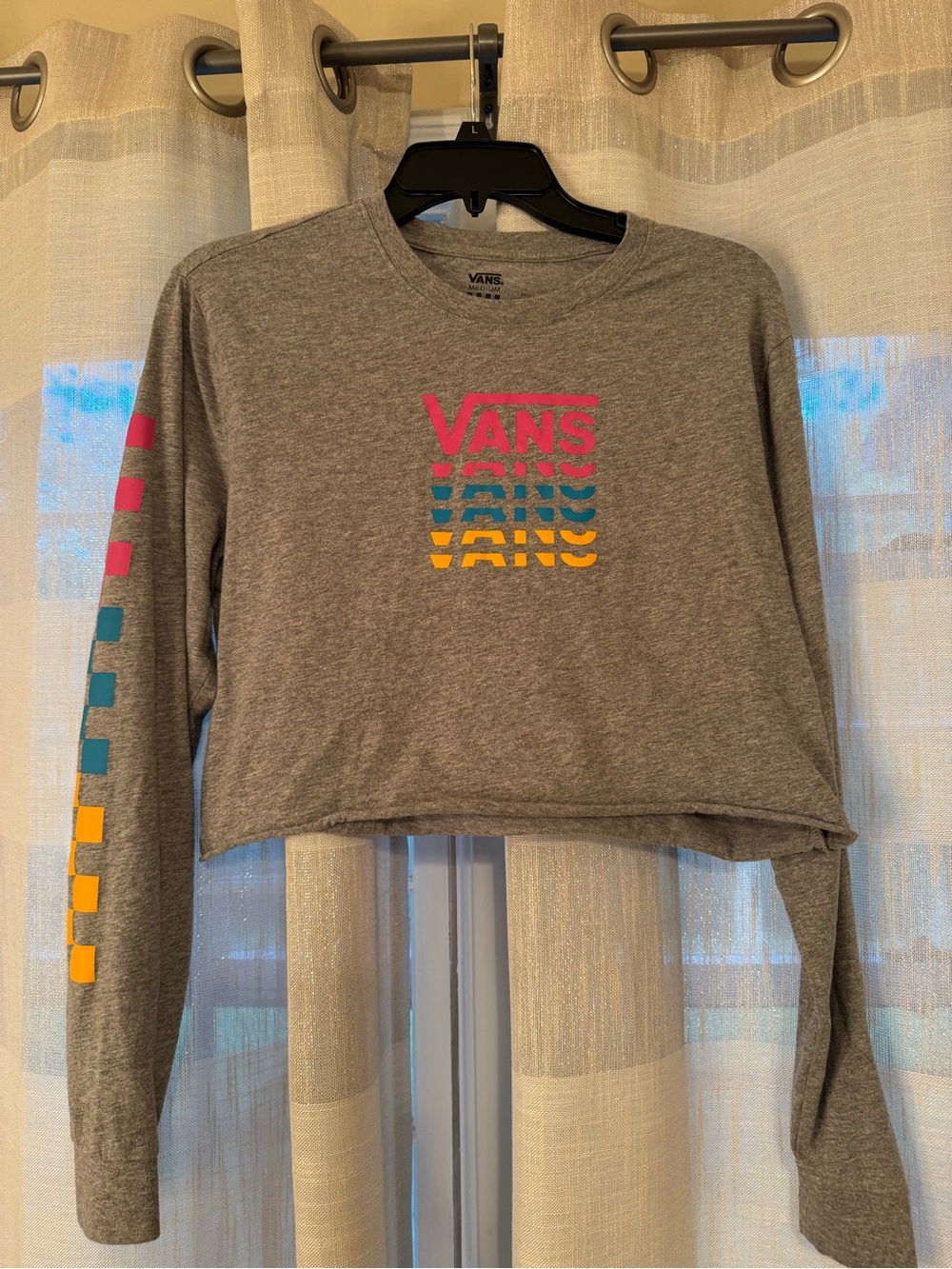 Vans Gray Cropped Long Sleeve Tee with Pink, Teal & Yellow Logo
